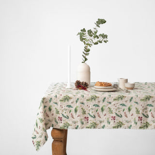 Winter Berries on Light Natural Linen Tablecloth - Linen Tales 