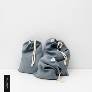 Zero Waste Blue Fog Linen Drawstring Bags Set of 3 - Linen Tales 