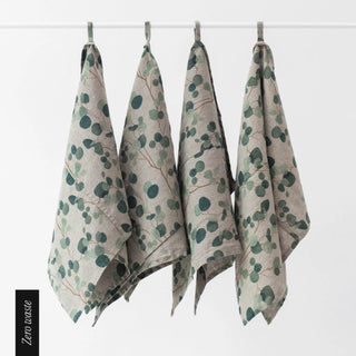 Zero Waste Eucalyptus on Natural Linen Kitchen Towels Set of 4 - Linen Tales 