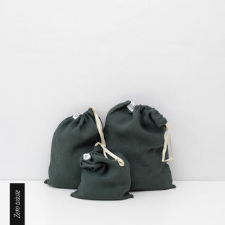 Zero Waste Forest Green Linen Drawstring Bags Set of 3 - Linen Tales 