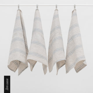 Zero Waste Grey Blue Wide Stripe Rustic Linen Kitchen Towels Set of - Linen Tales 1