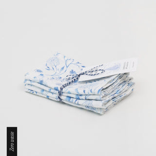 Zero Waste White Botanical Blue Linen Napkins Set of 4 - Linen Tales 