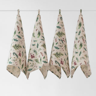 Zero Waste Winter Berries on Light Natural Linen Kitchen Towels Set of 4 - Linen Tales 